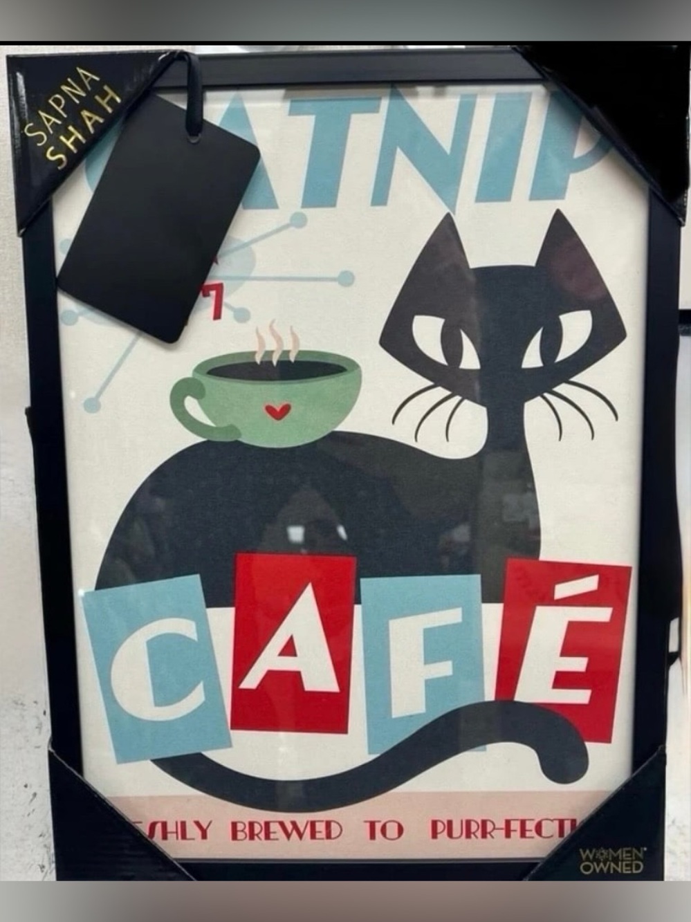 Sapna Shah Catnip Café Coffee Retro Wall Art Framed Mid-Century Black Atomic Cat
